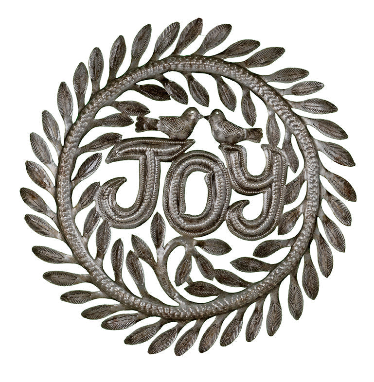 Handmade Recycled Steel Joy Wall Art – 14" Round