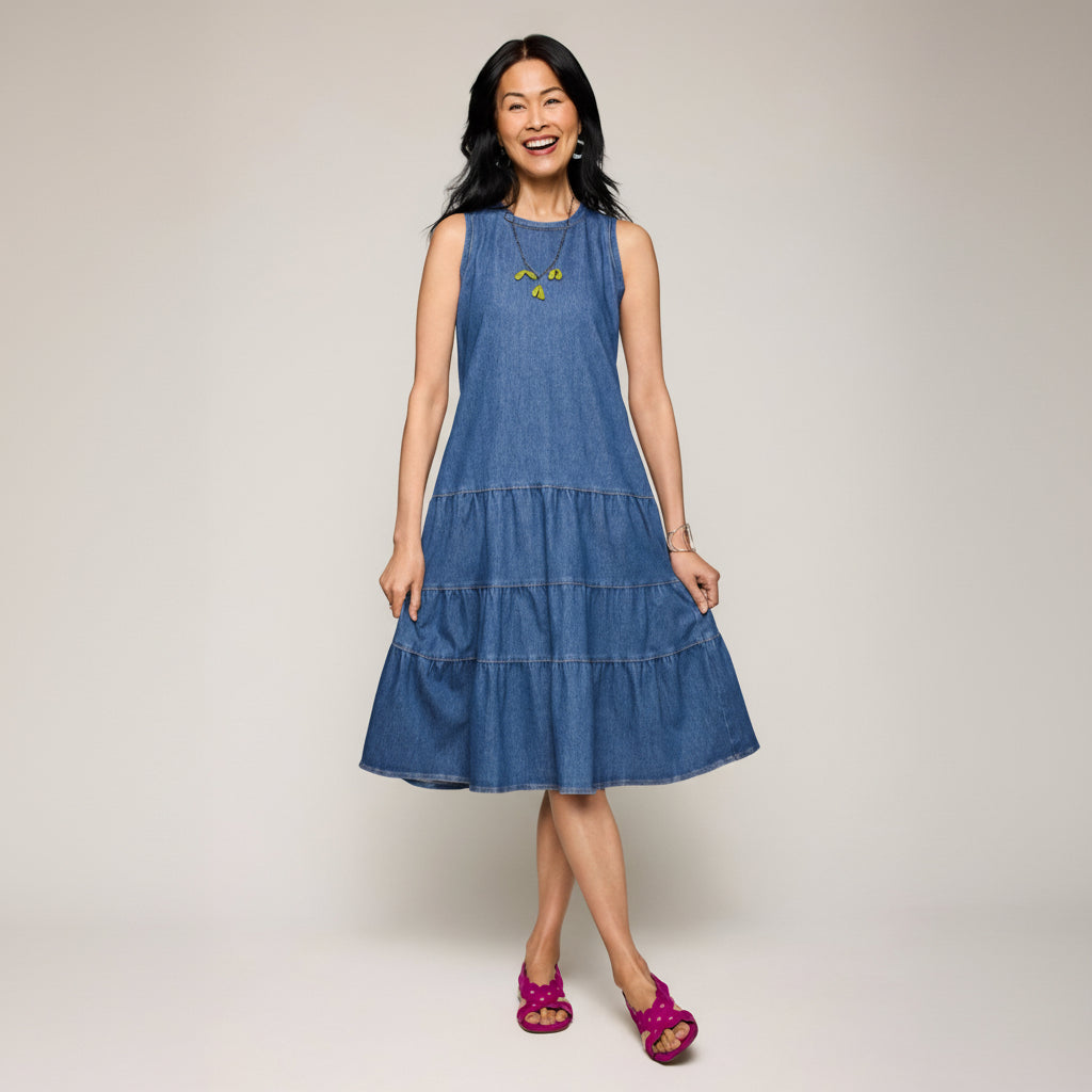 Dream Knit Denim Tiered Dress - Medium Indigo