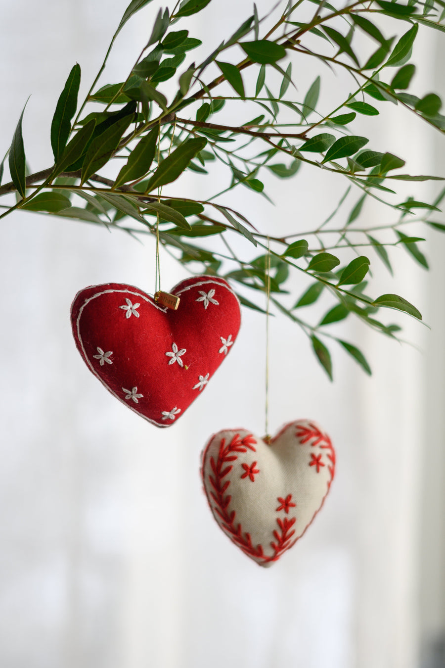 Hand-made Embroidered Heart Ornaments Set of 2