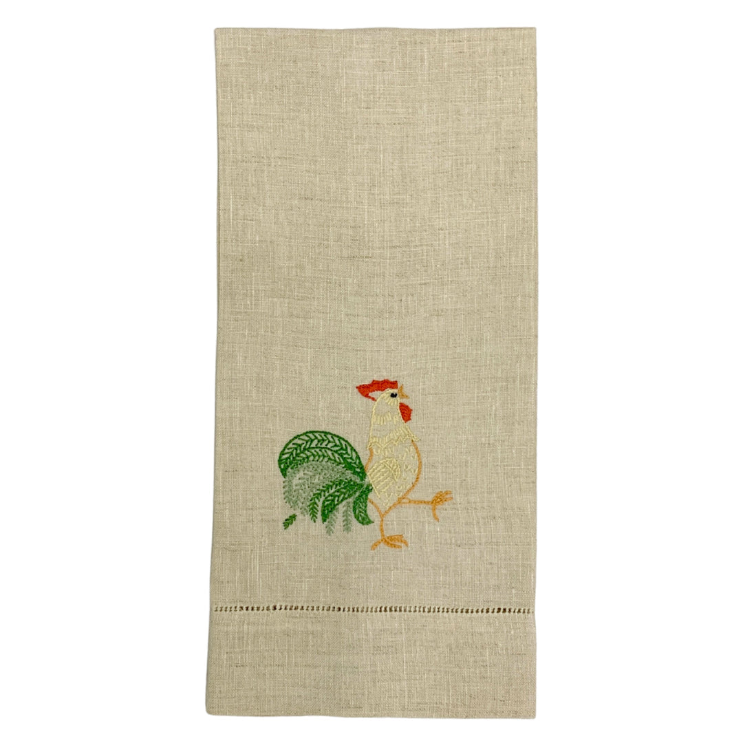 Hand-Embroidered Rooster Linen Tea Towel