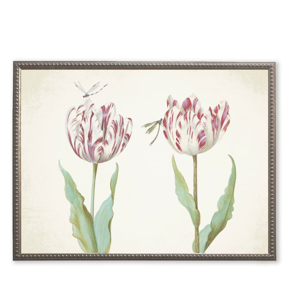 Pink Flowers with Two Dragonflies in Silver-Beaded Frame