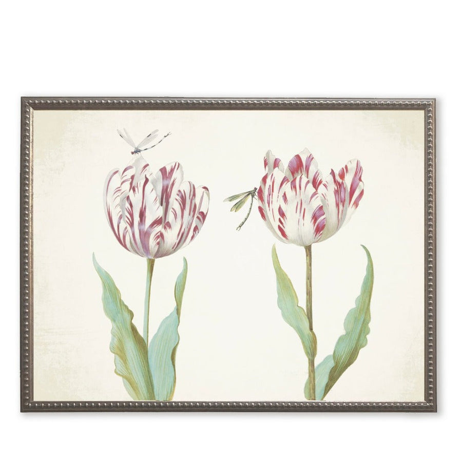 Pink Flowers with Two Dragonflies in Silver-Beaded Frame