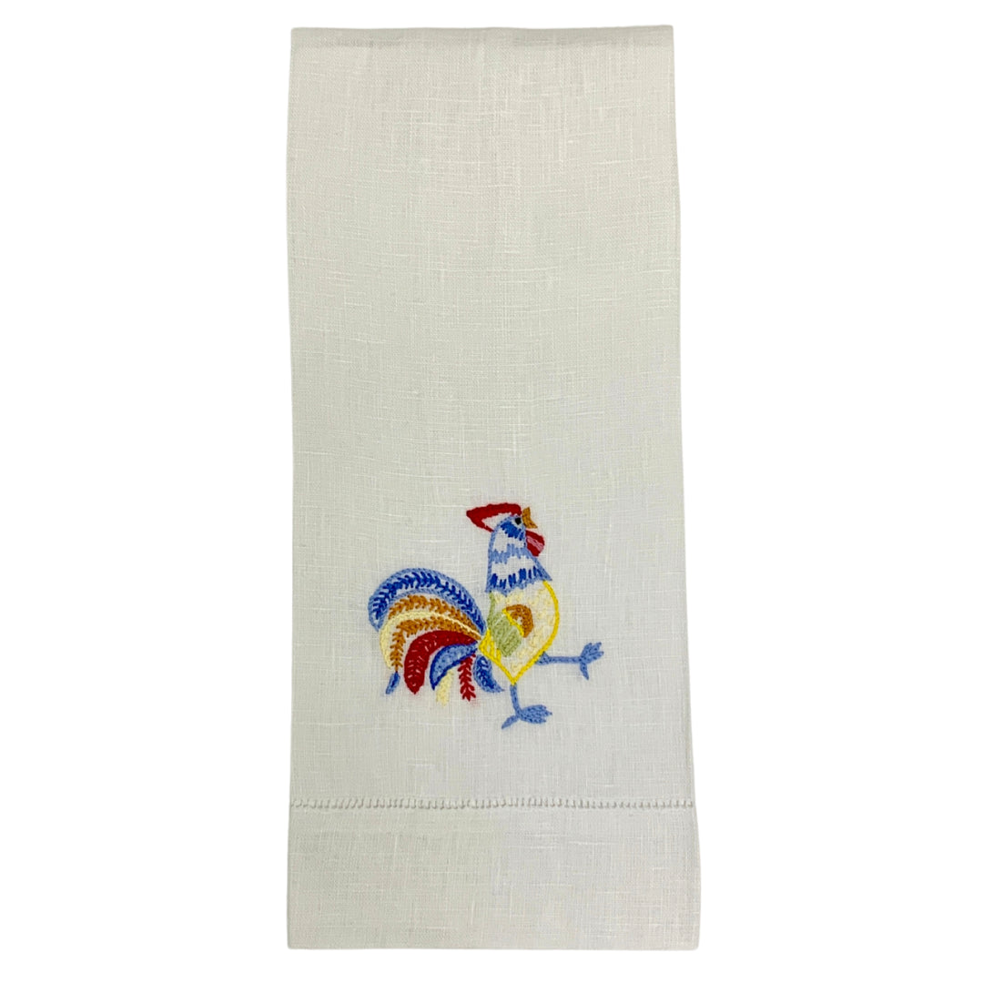 Hand-Embroidered Rooster Linen Tea Towel