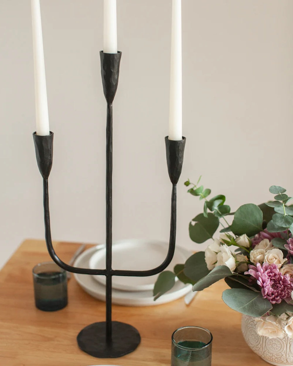 Hand-Forged Iron Three-Taper Candelabra, Black Finish