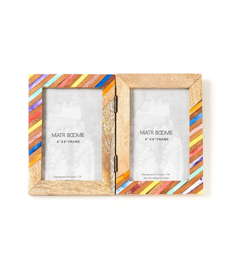 Banka Mundi Bone & Wood Inlay Double Picture Frame, 4" x 6"
