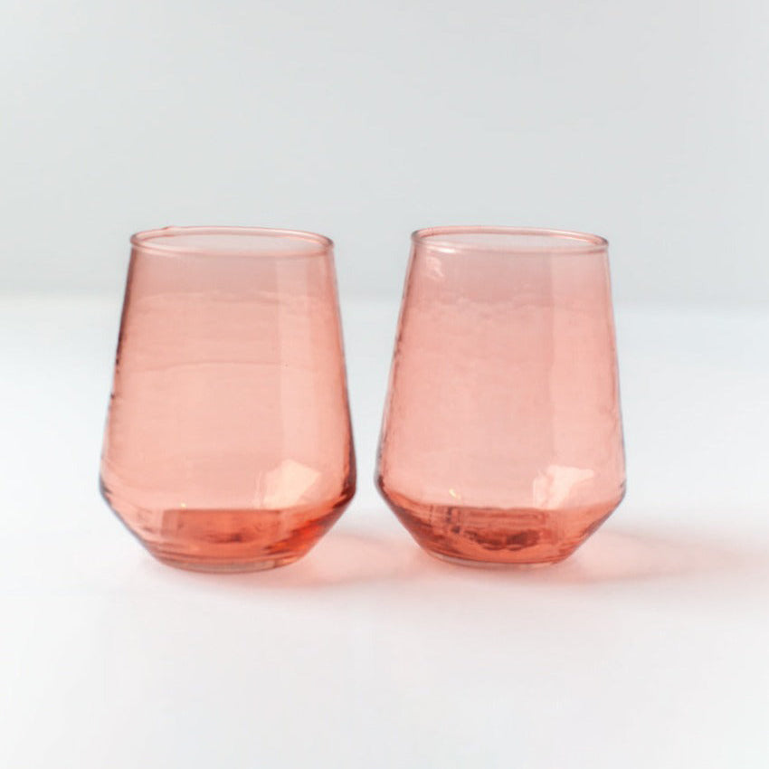 Handblown Hammered Glass Water Tumbler, Blush Set of 4
