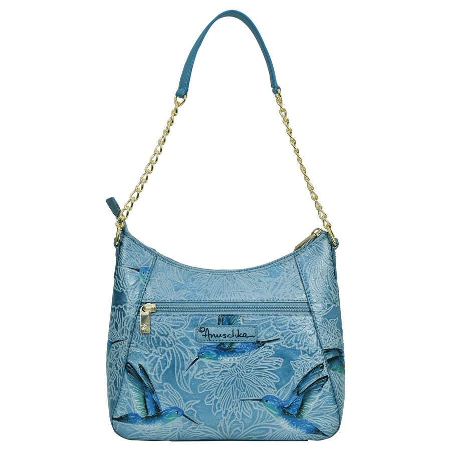 Handcrafted Hummingbird Genuine Leather Zip Top Shoulder Hobo