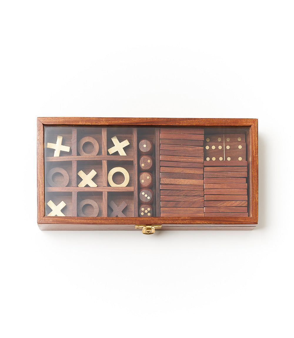 Handcrafted Rosewood 3-in-1 Game Set – Tic-Tac-Toe, Dominoes & Dice