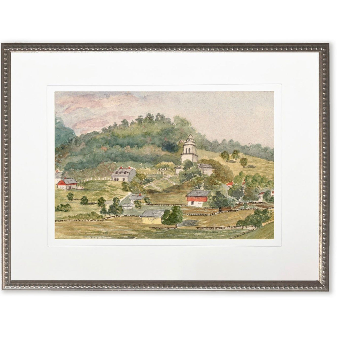 Vintage Town Landscape Art Print in Silver Beaded Wood Frame 20" x 16"