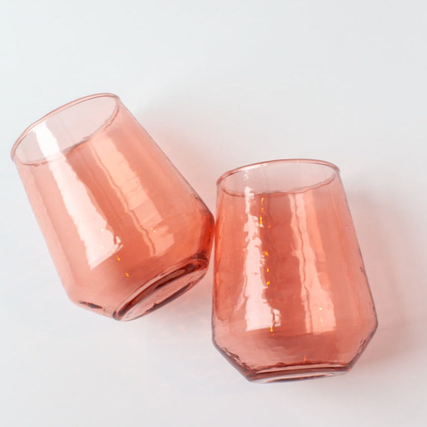 Handblown Hammered Glass Water Tumbler, Blush Set of 4