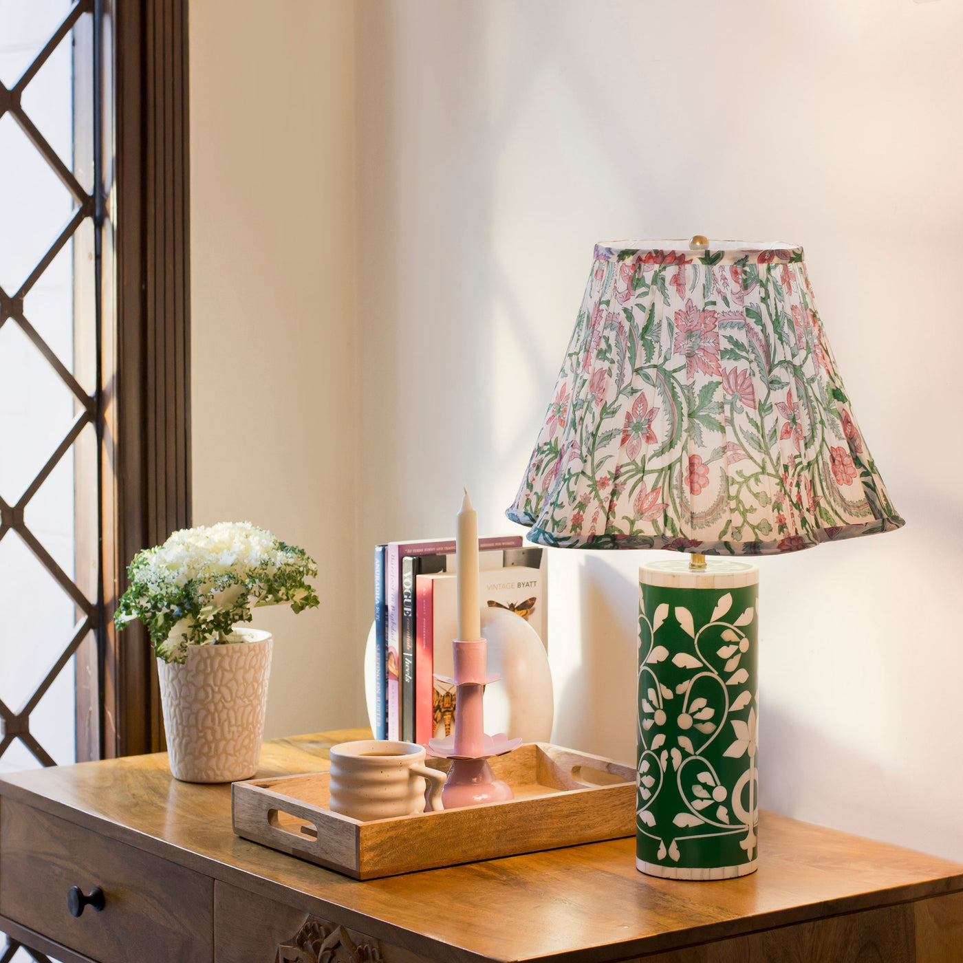 Handcrafted Bone Inlay Lamp Base, Green Floral Vines