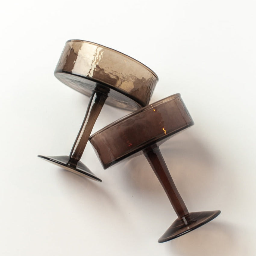 Handblown Hammered Recycled Glass Coupe, Smoke Set of 4