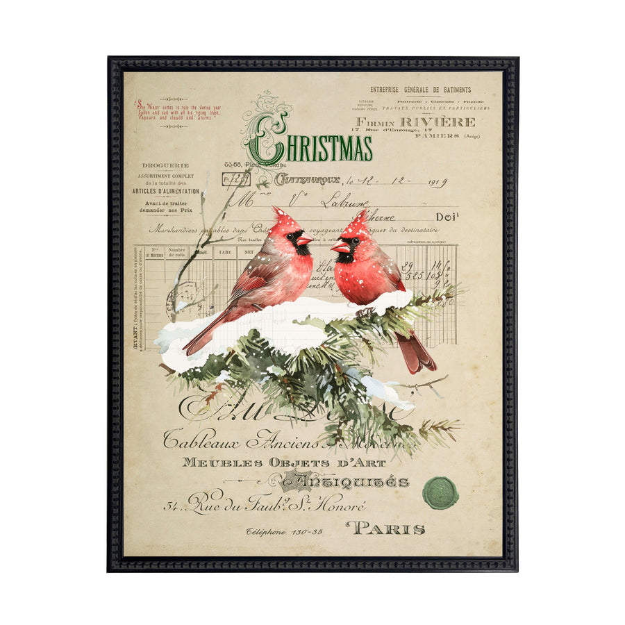 Vintage Painting of Cardinals on a distressed bookplate background (19"x25")