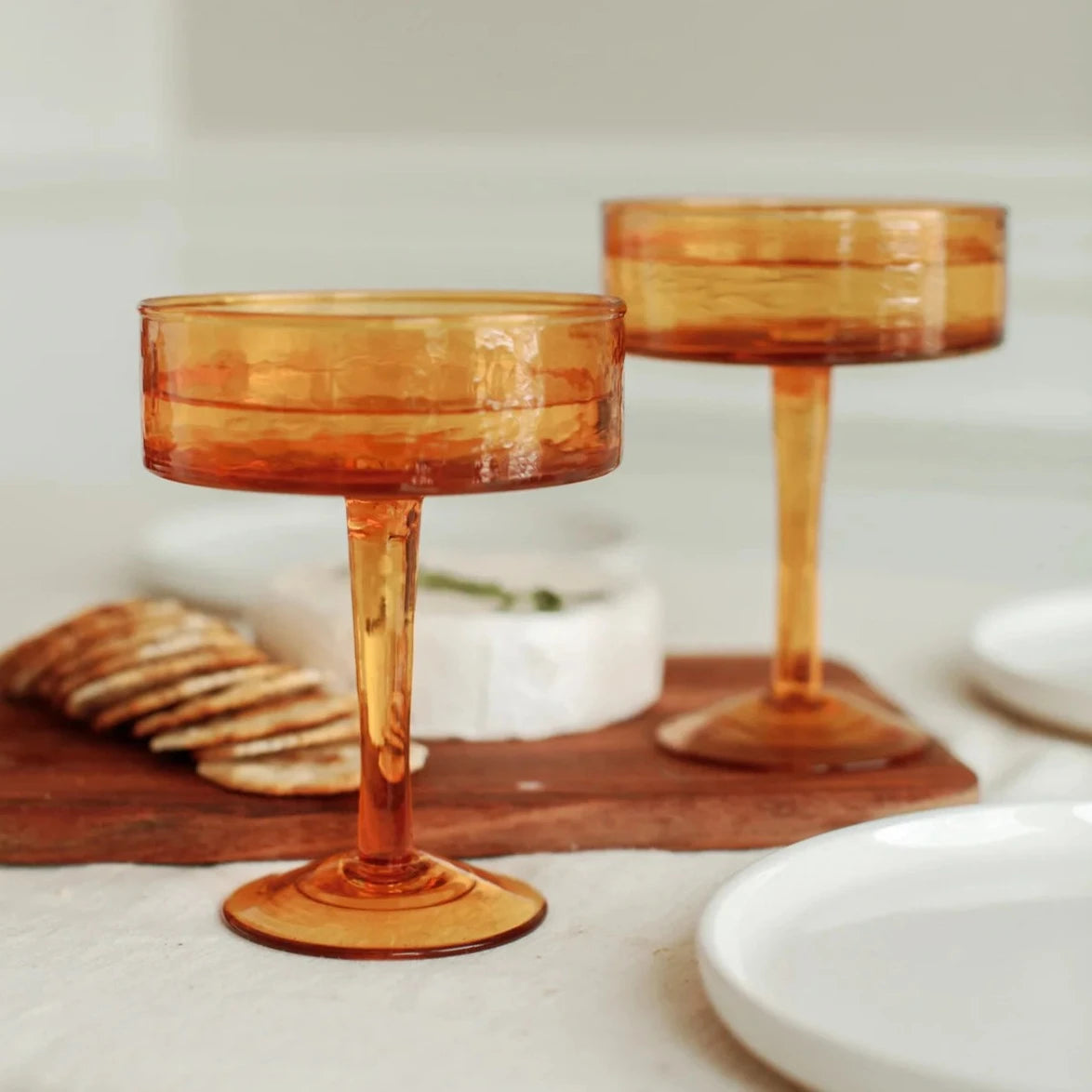 Handblown Hammered Recycled Glass Coupe, Amber Set of 4