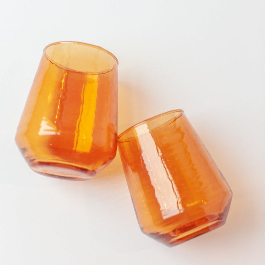 Handblown Hammered Glass Water Tumbler, Amber Set of 4