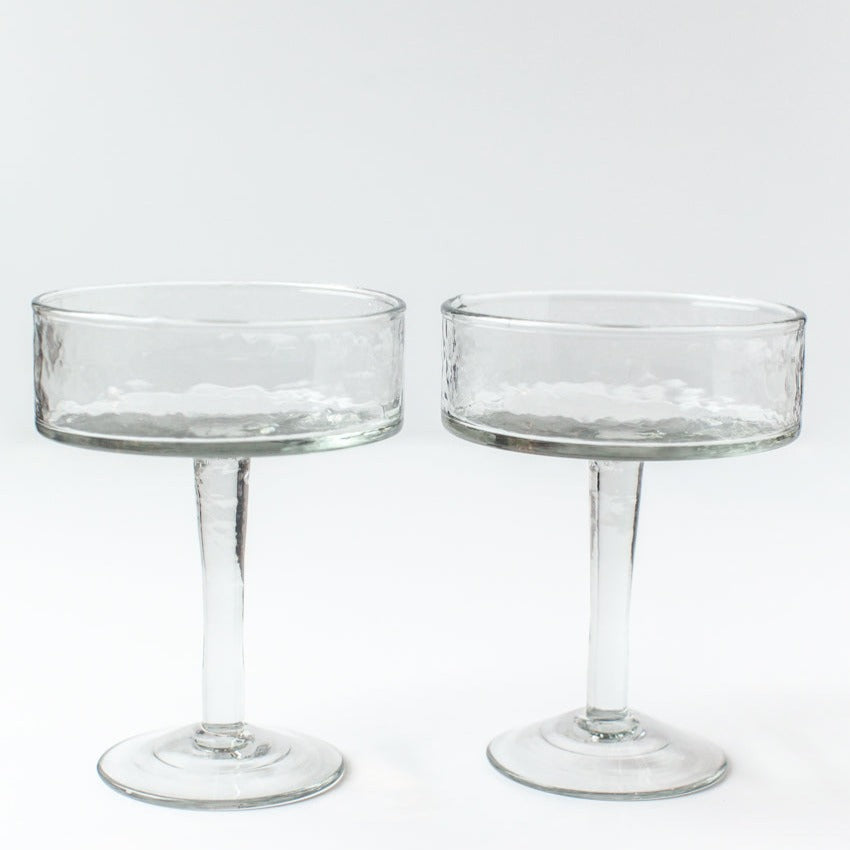 Handblown Hammered Recycled Glass Coupe, Clear Set of 4