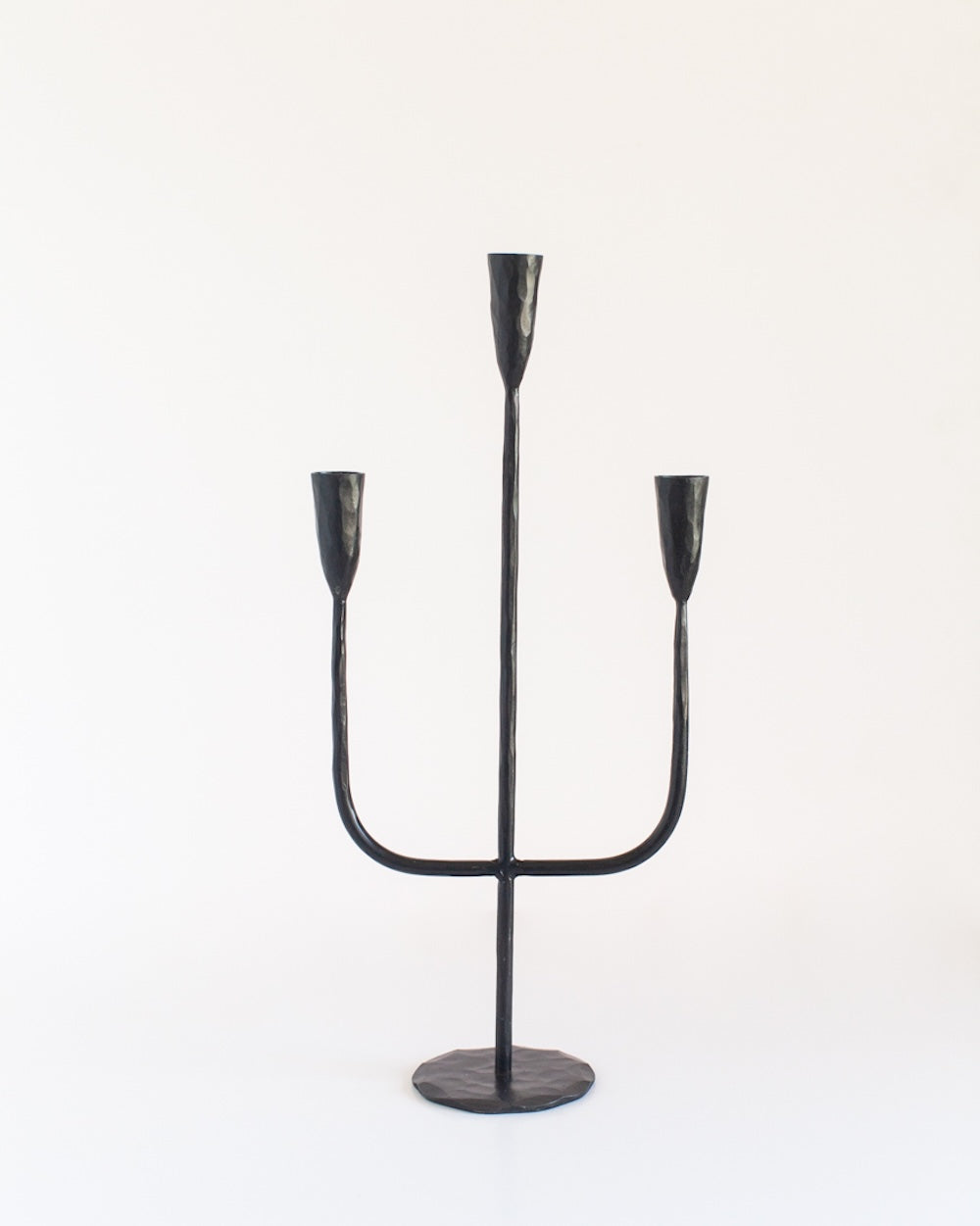 Hand-Forged Iron Three-Taper Candelabra, Black Finish