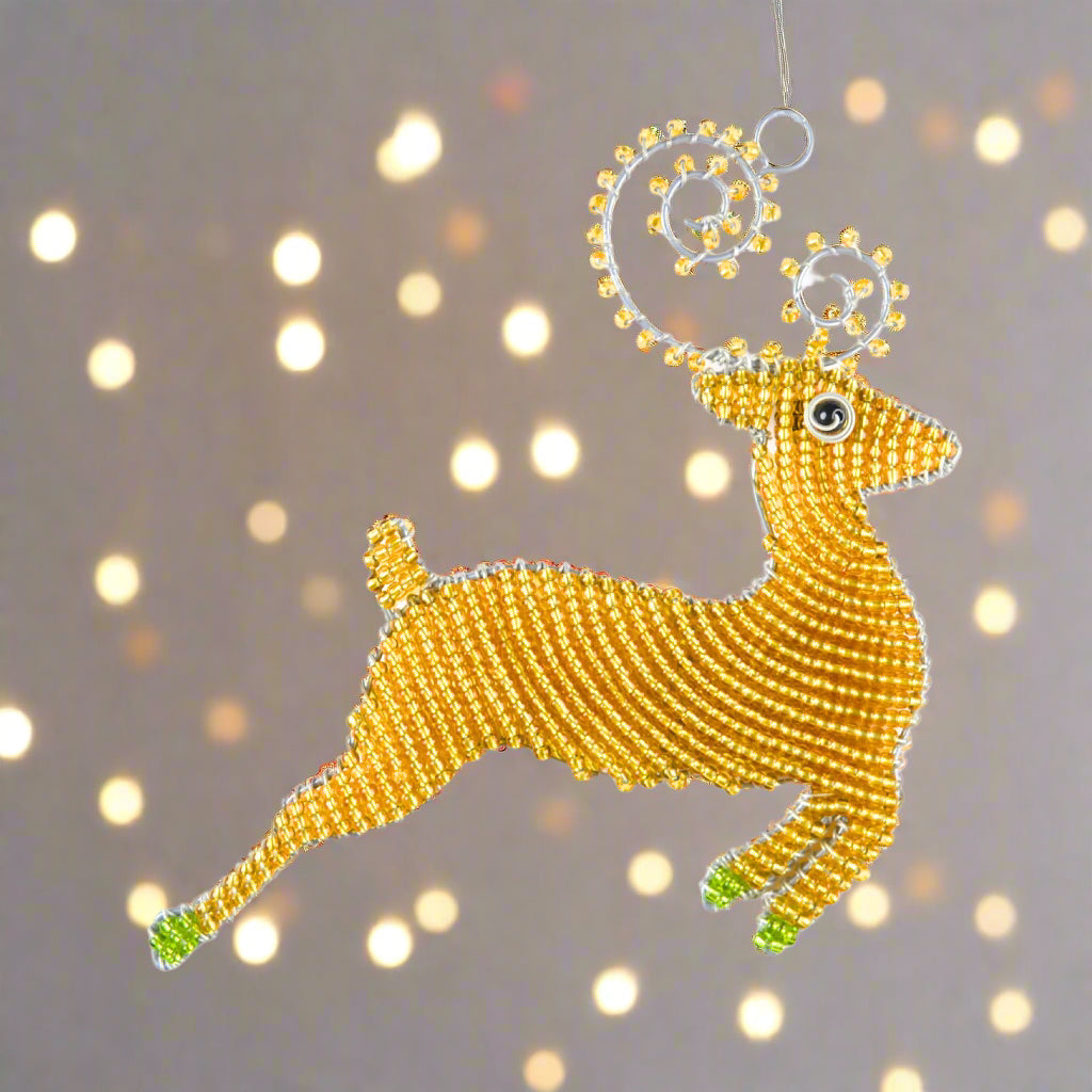 Handcrafted Beaded Reindeer Christmas Ornament Set of 3