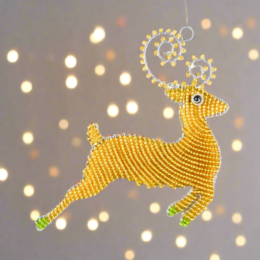 Handcrafted Beaded Reindeer Christmas Ornament Set of 3