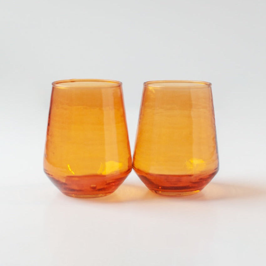 Handblown Hammered Glass Water Tumbler, Amber Set of 4