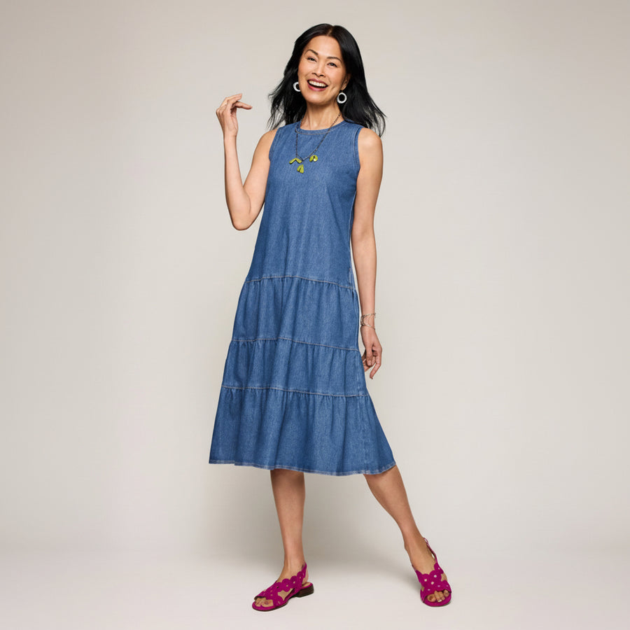 Dream Knit Denim Tiered Dress - Medium Indigo