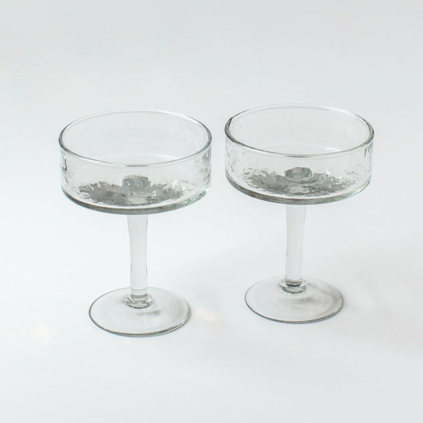 Handblown Hammered Recycled Glass Coupe, Clear Set of 4