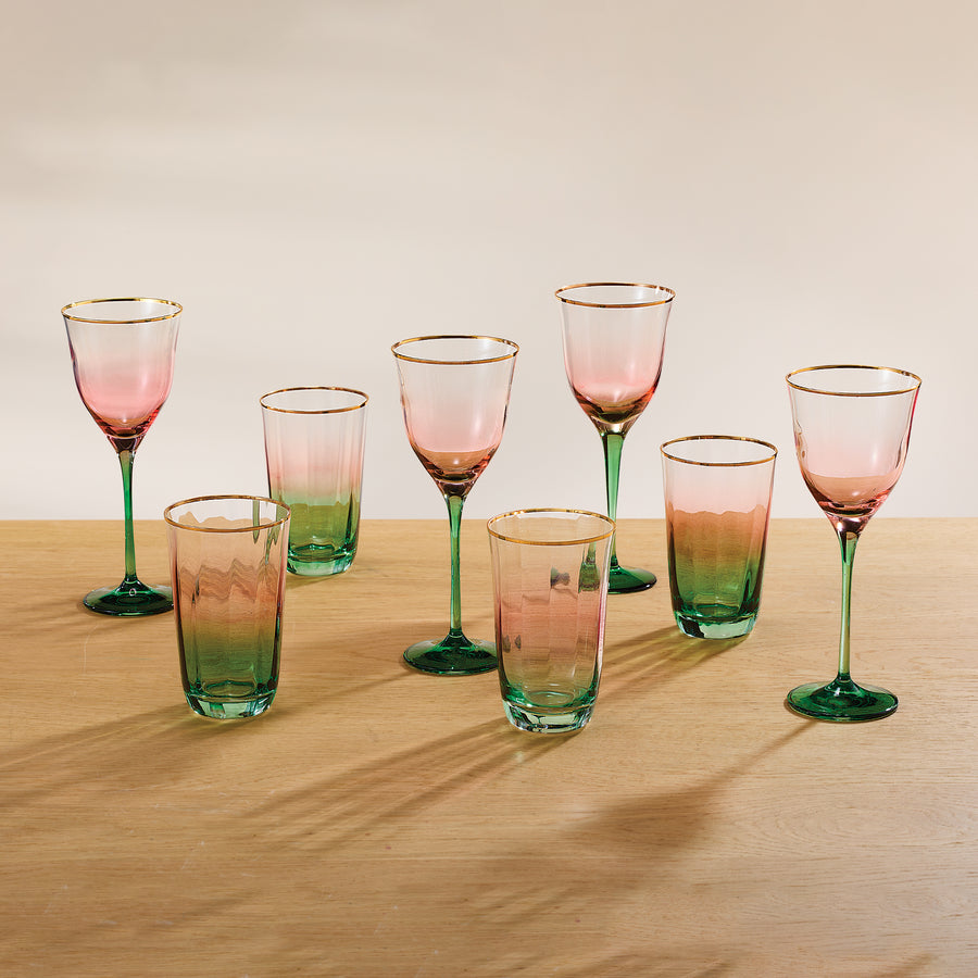 Pink & Green Ombre Crystal Wine Glasses Set of 4