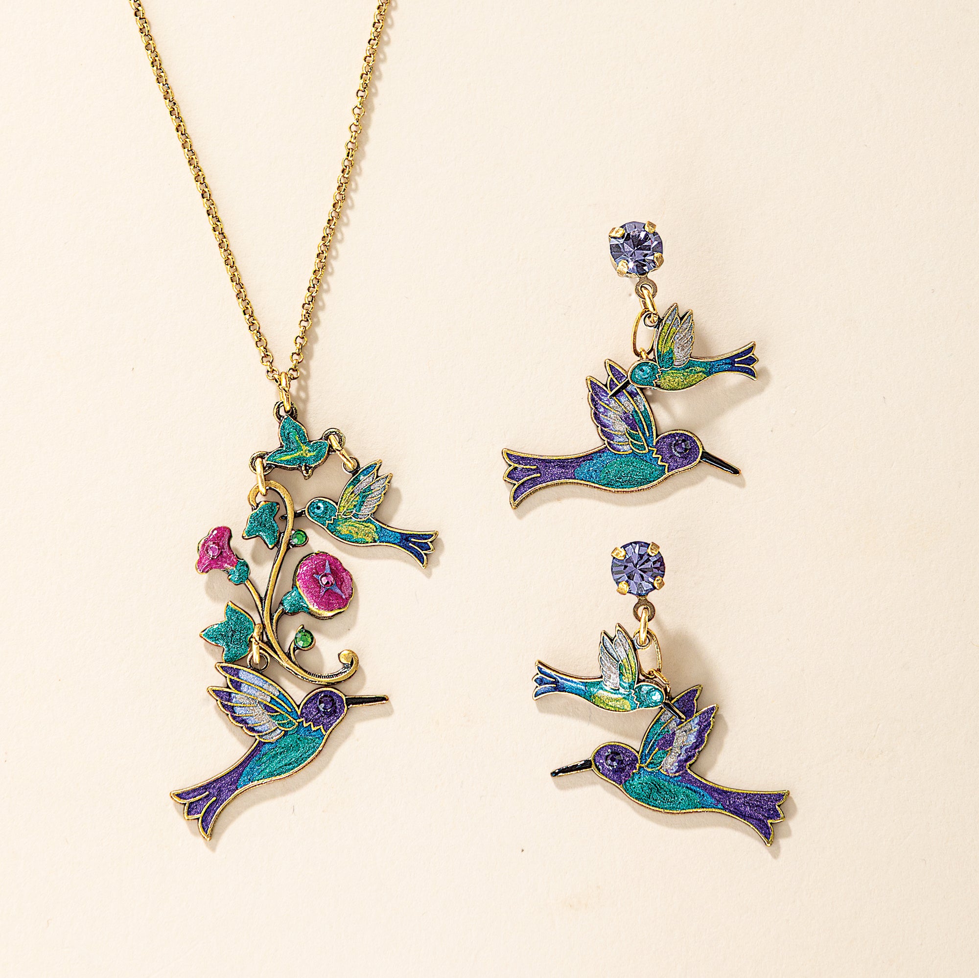 Hummingbirds & Morning Glories Enamel Necklace