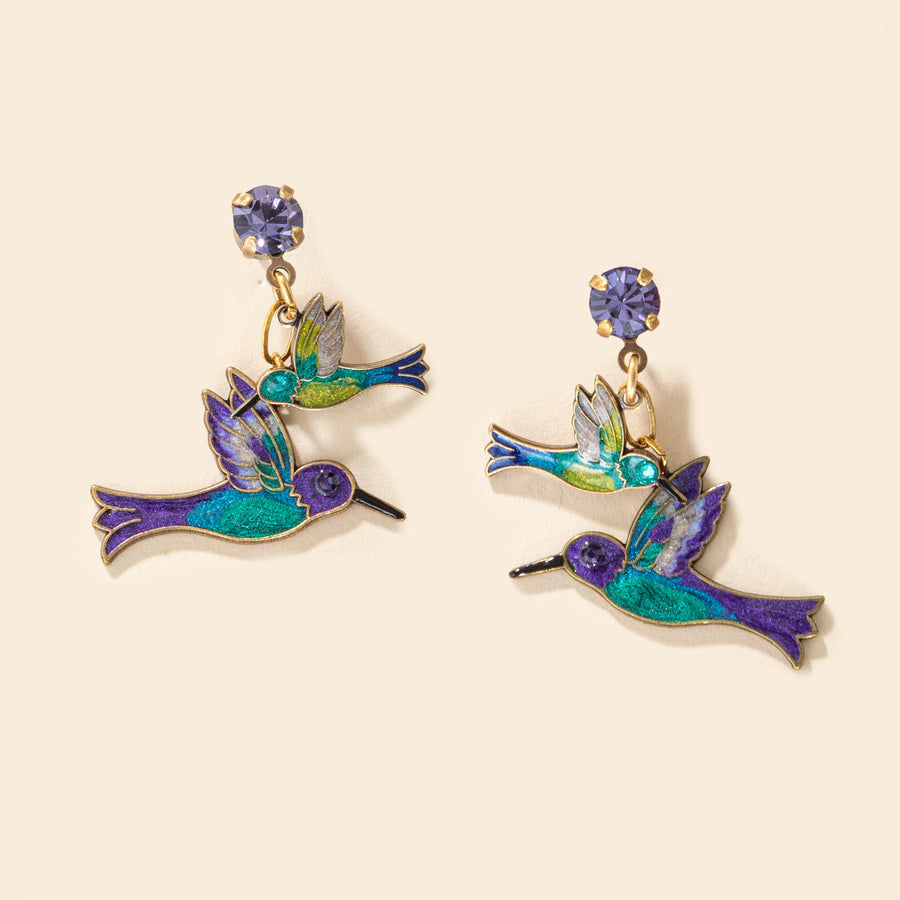 Hummingbirds & Morning Glories Enamel Necklace & Earrings Set