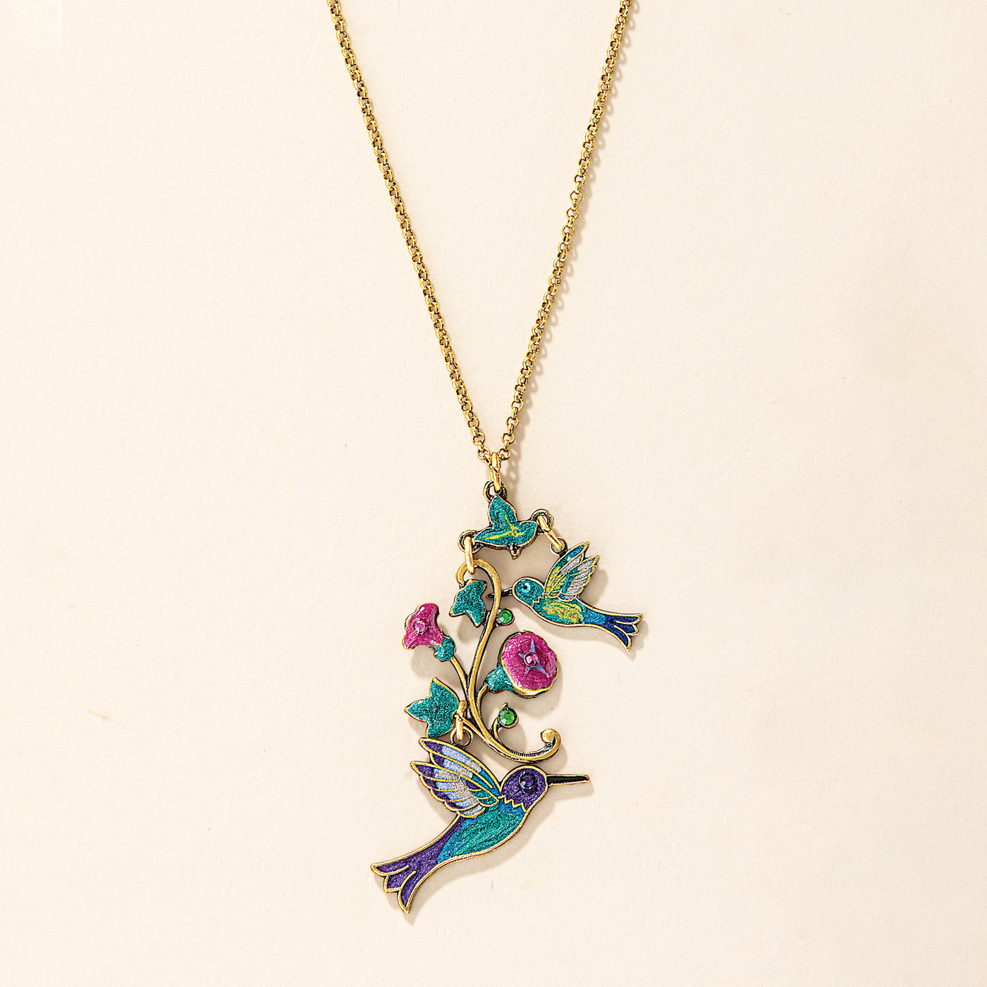 Hummingbirds & Morning Glories Enamel Necklace