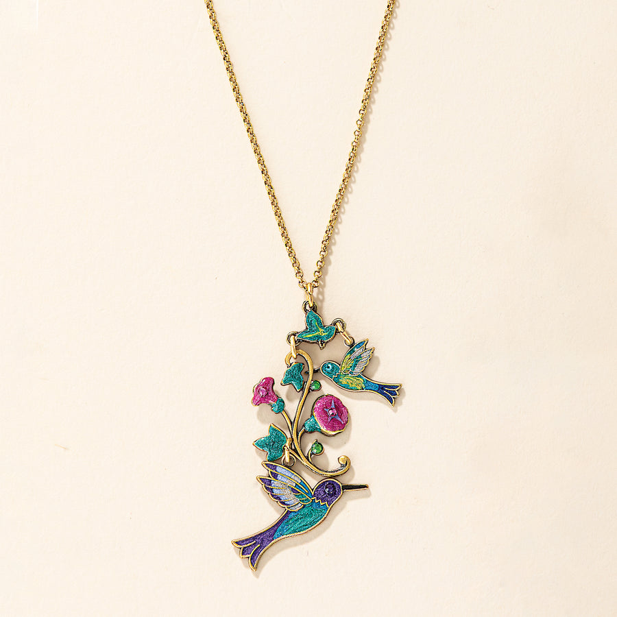 Hummingbirds & Morning Glories Enamel Necklace