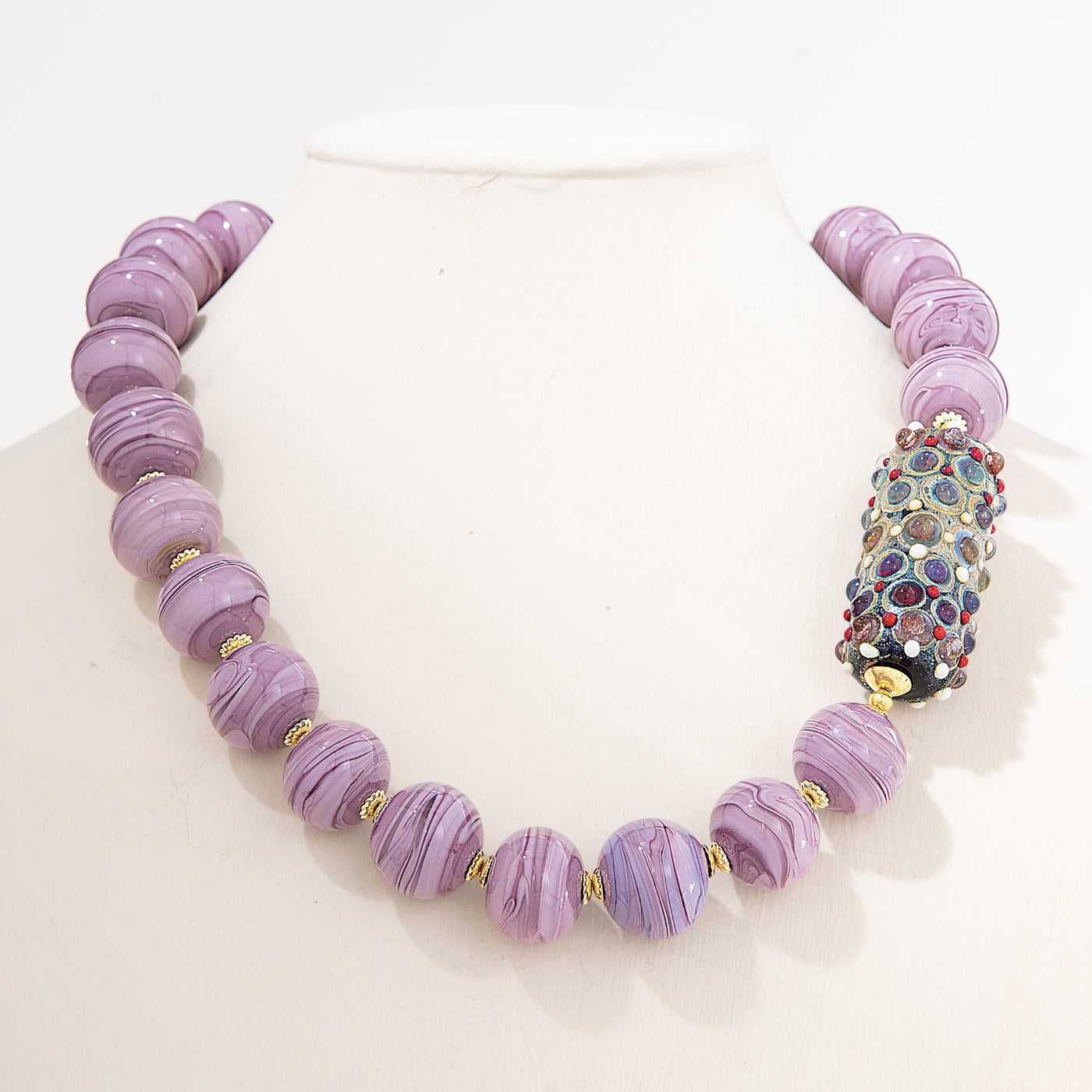 Murano Glass Plum & Mauve Layered Dots Accent Bead Necklace (Preorder)