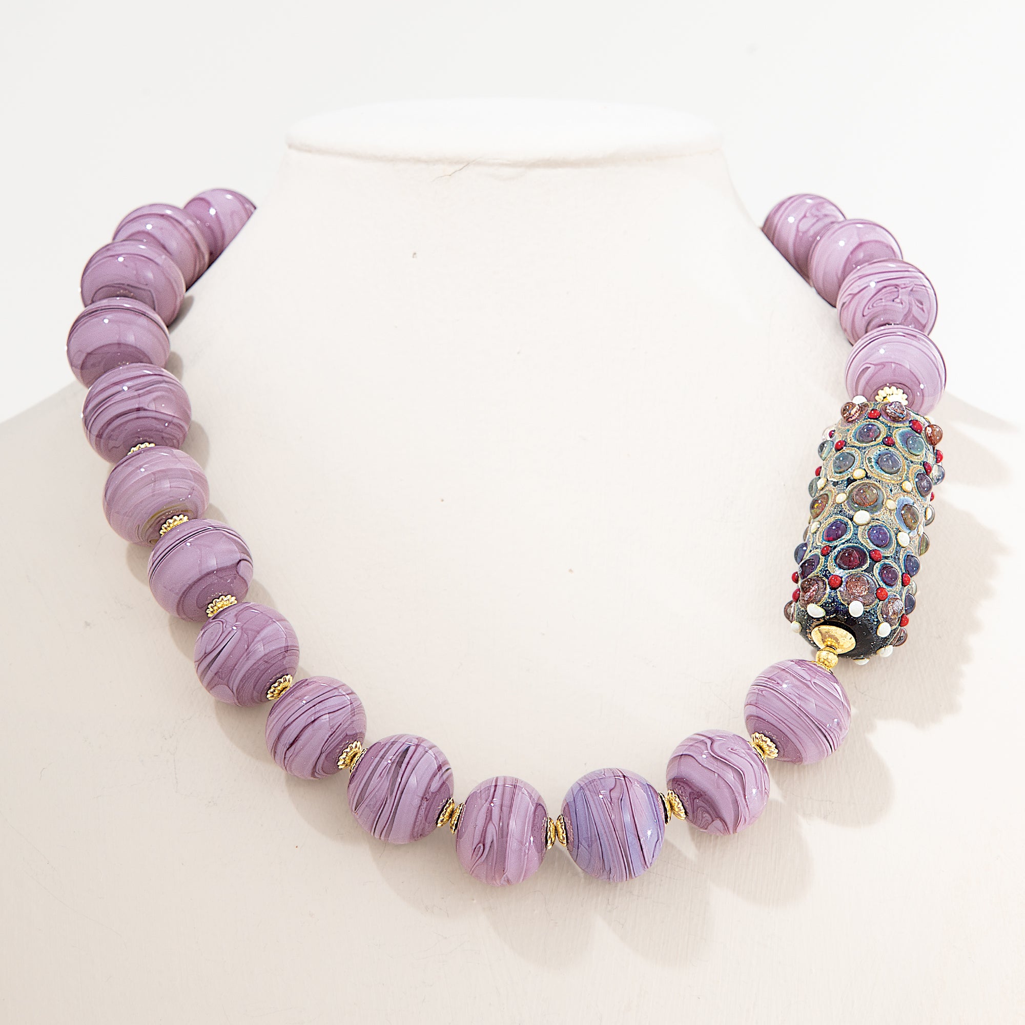 Murano Glass Plum & Mauve Layered Dots Accent Bead Necklace (Preorder)