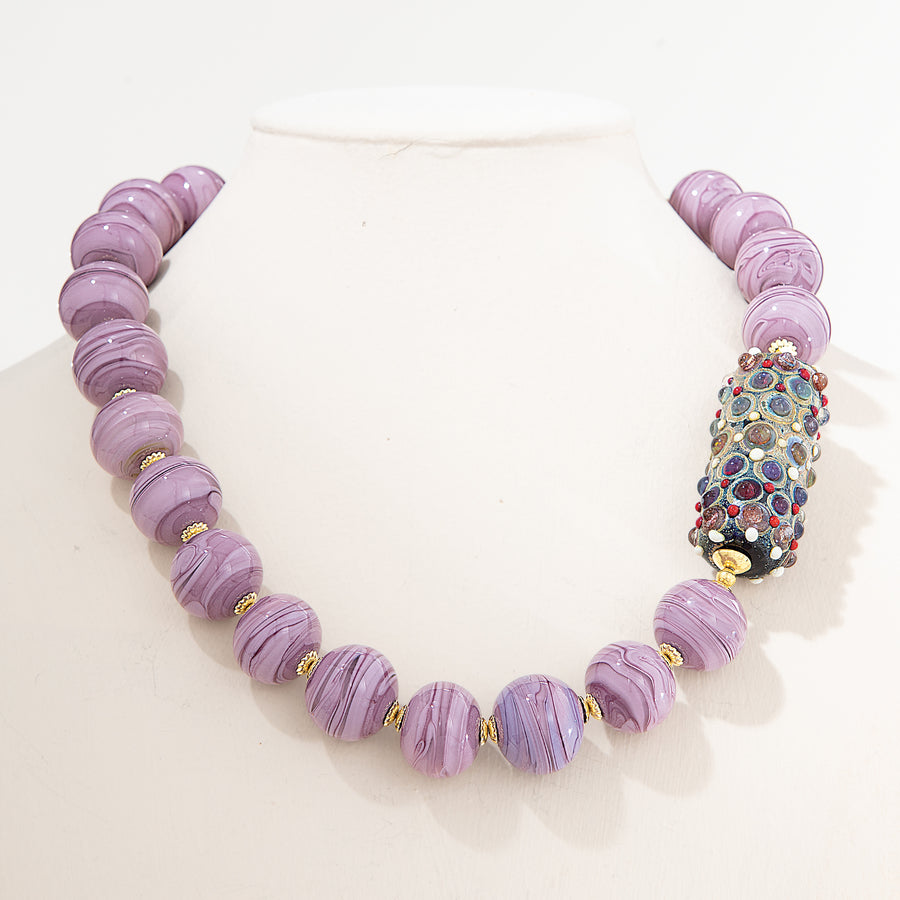 Murano Glass Plum & Mauve Layered Dots Accent Bead Necklace (Preorder)
