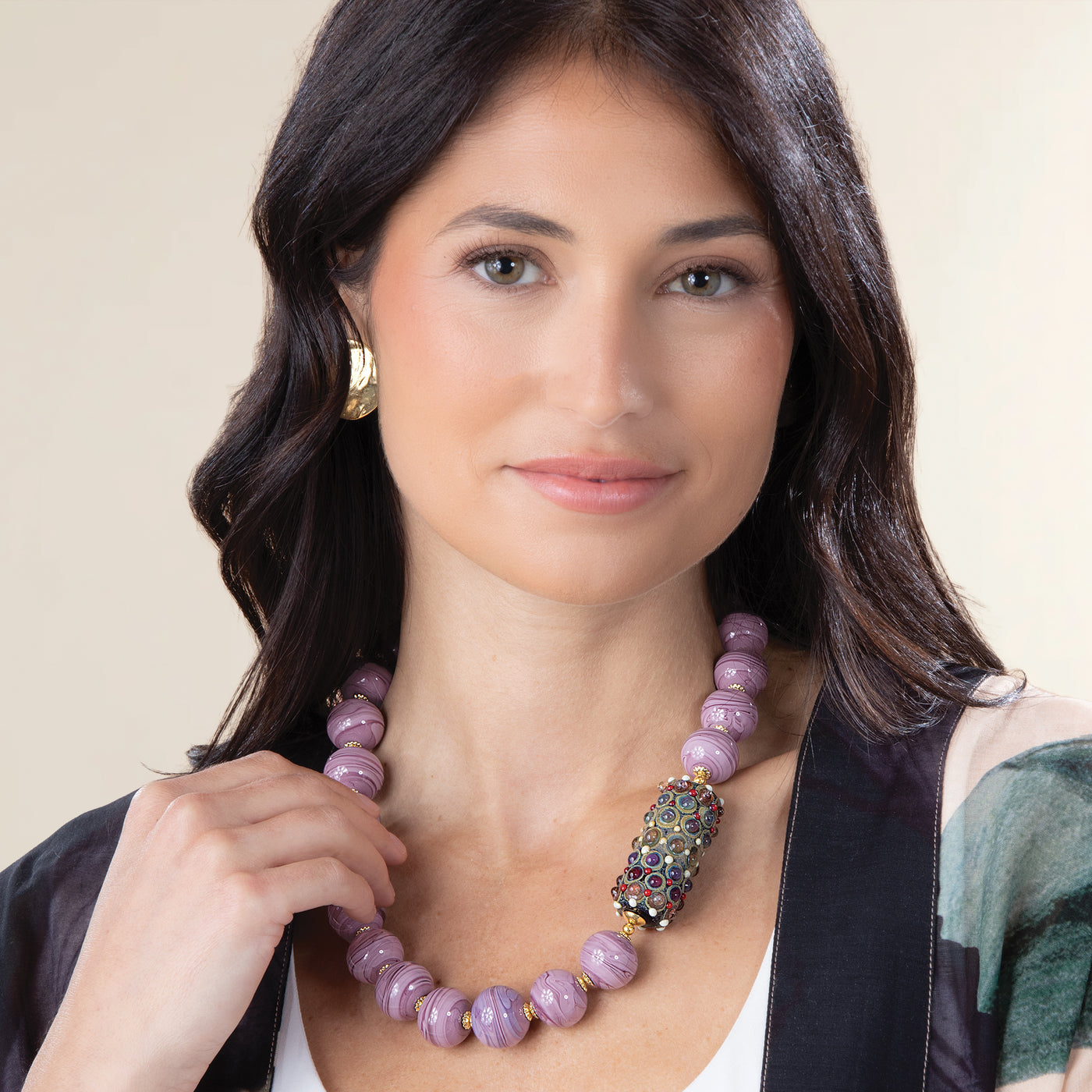 Murano Glass Plum & Mauve Layered Dots Accent Bead Necklace (Preorder)