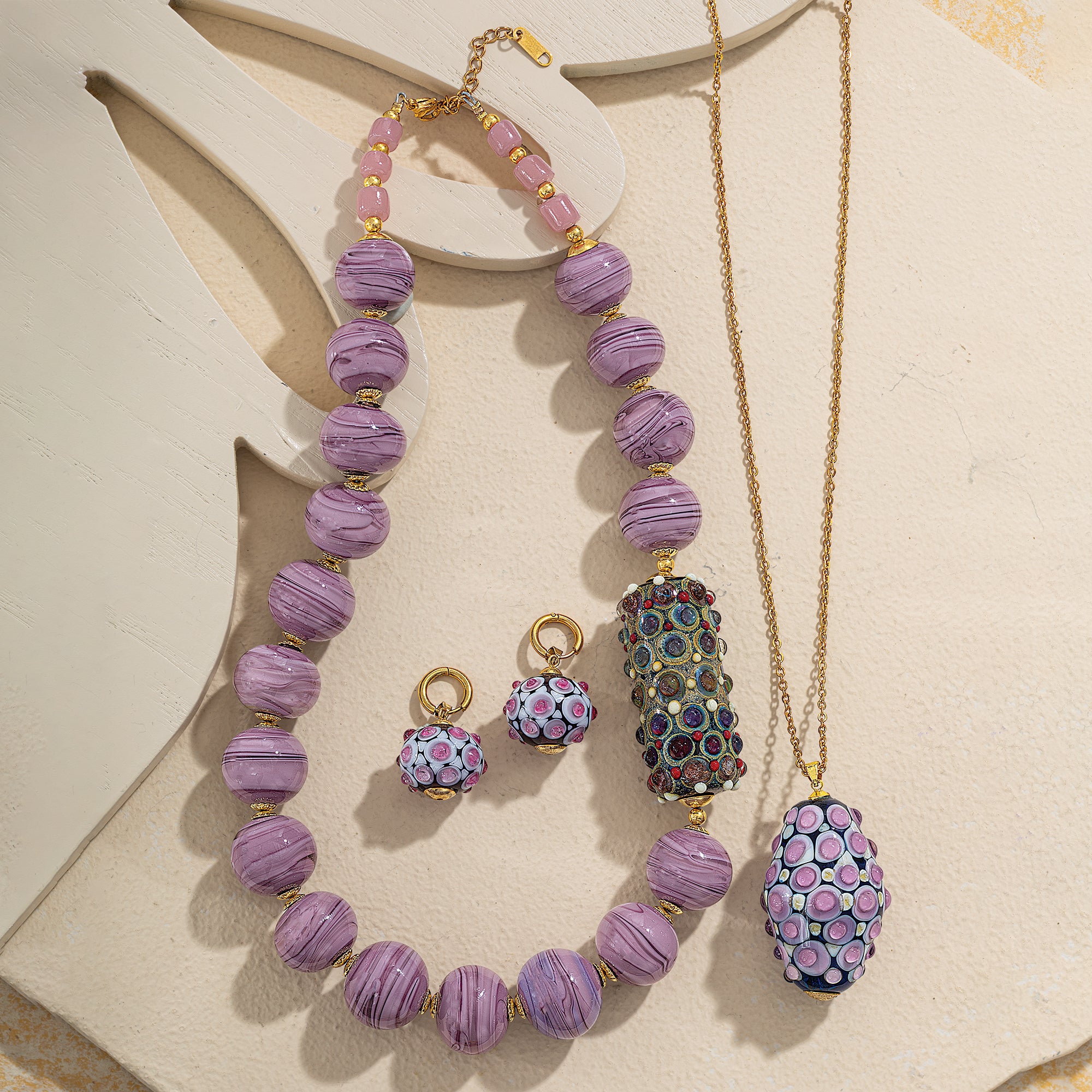 Murano Glass Plum & Mauve Cabochon Dots Tube Pendant Necklace (Preorder)