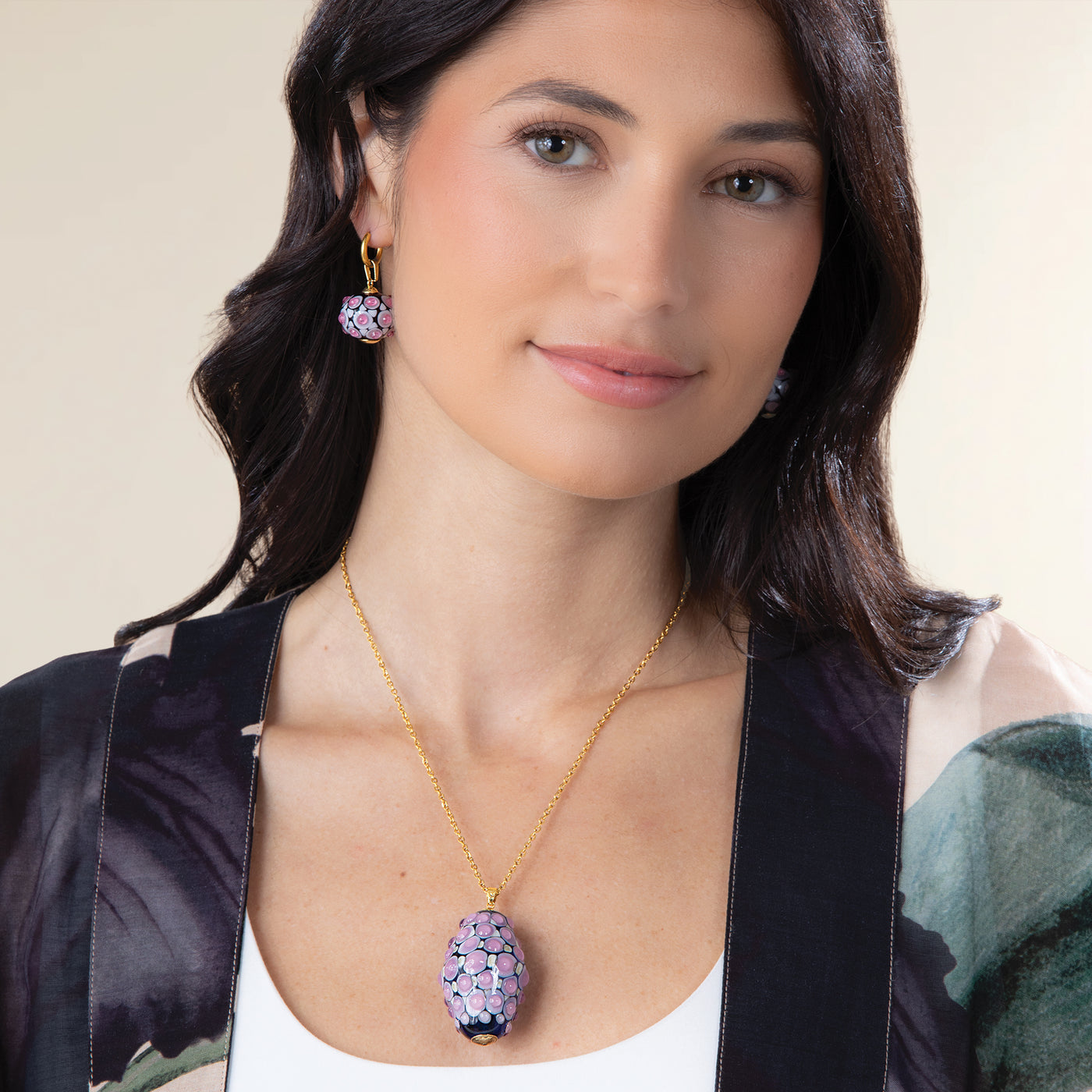 Murano Glass Plum & Mauve Cabochon Dots Tube Pendant Necklace (Preorder)