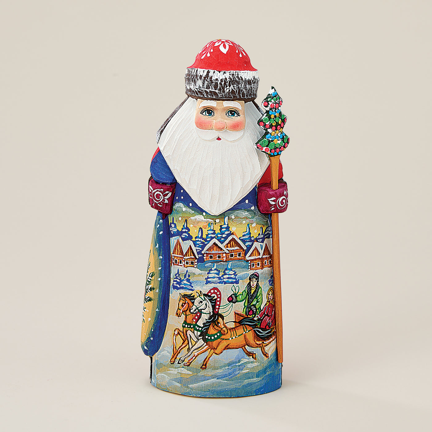 Hand-Carved Wood Santa Figurine with Troika