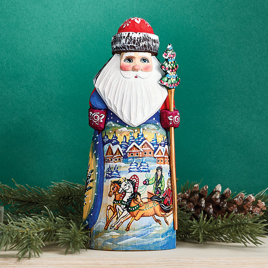 Hand-Carved Wood Santa Figurine with Troika