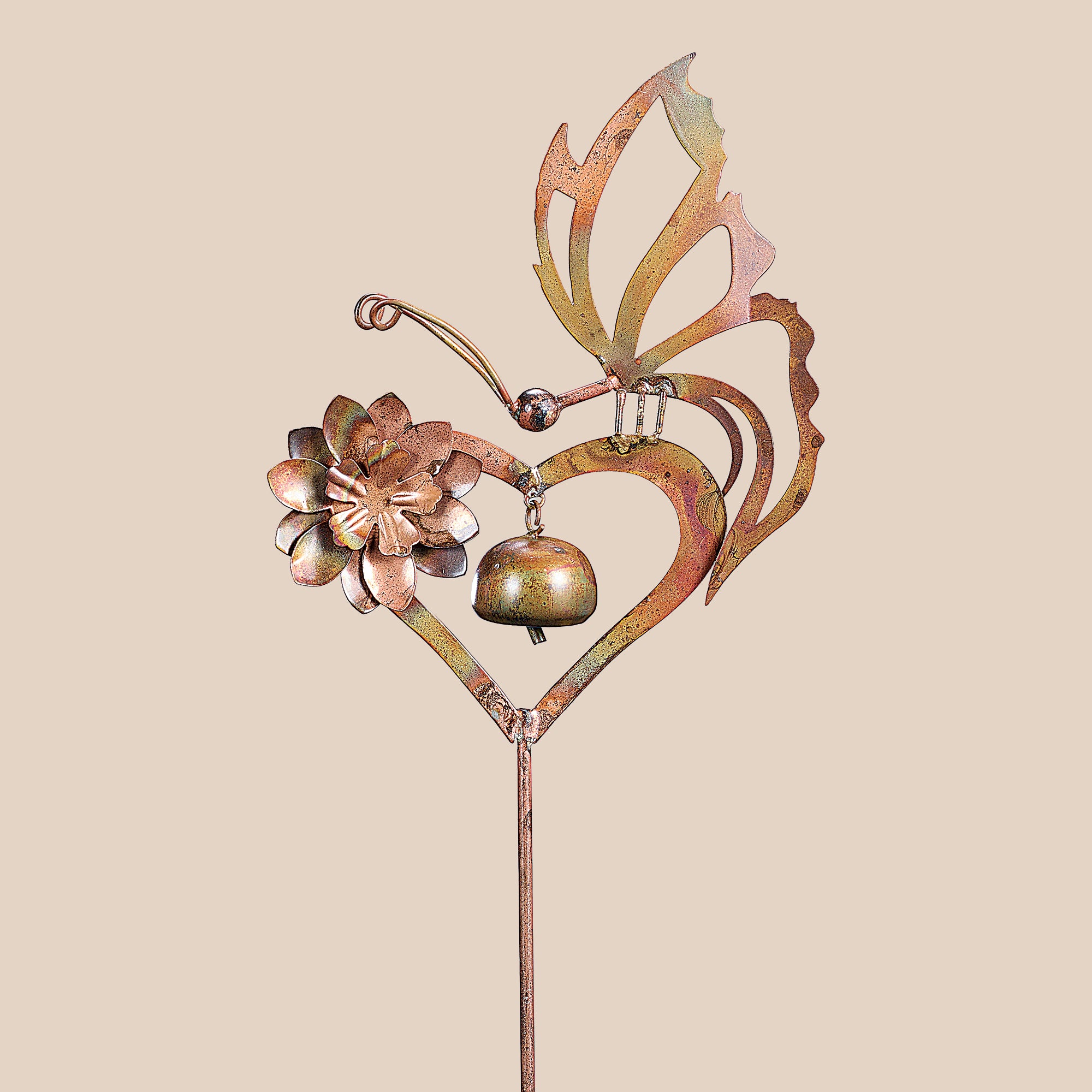 Hand-Cut Copper Butterfly on Heart Decorative Garden Stake