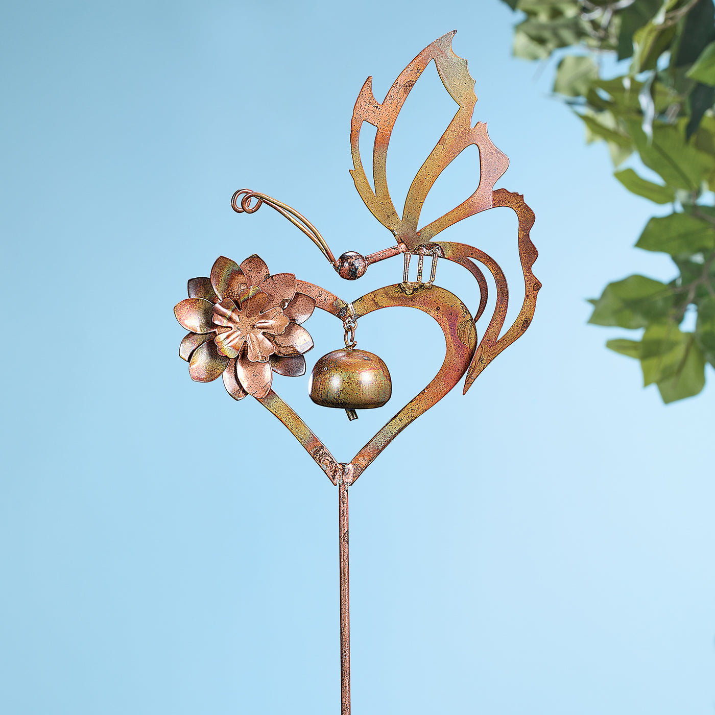 Hand-Cut Copper Butterfly on Heart Decorative Garden Stake