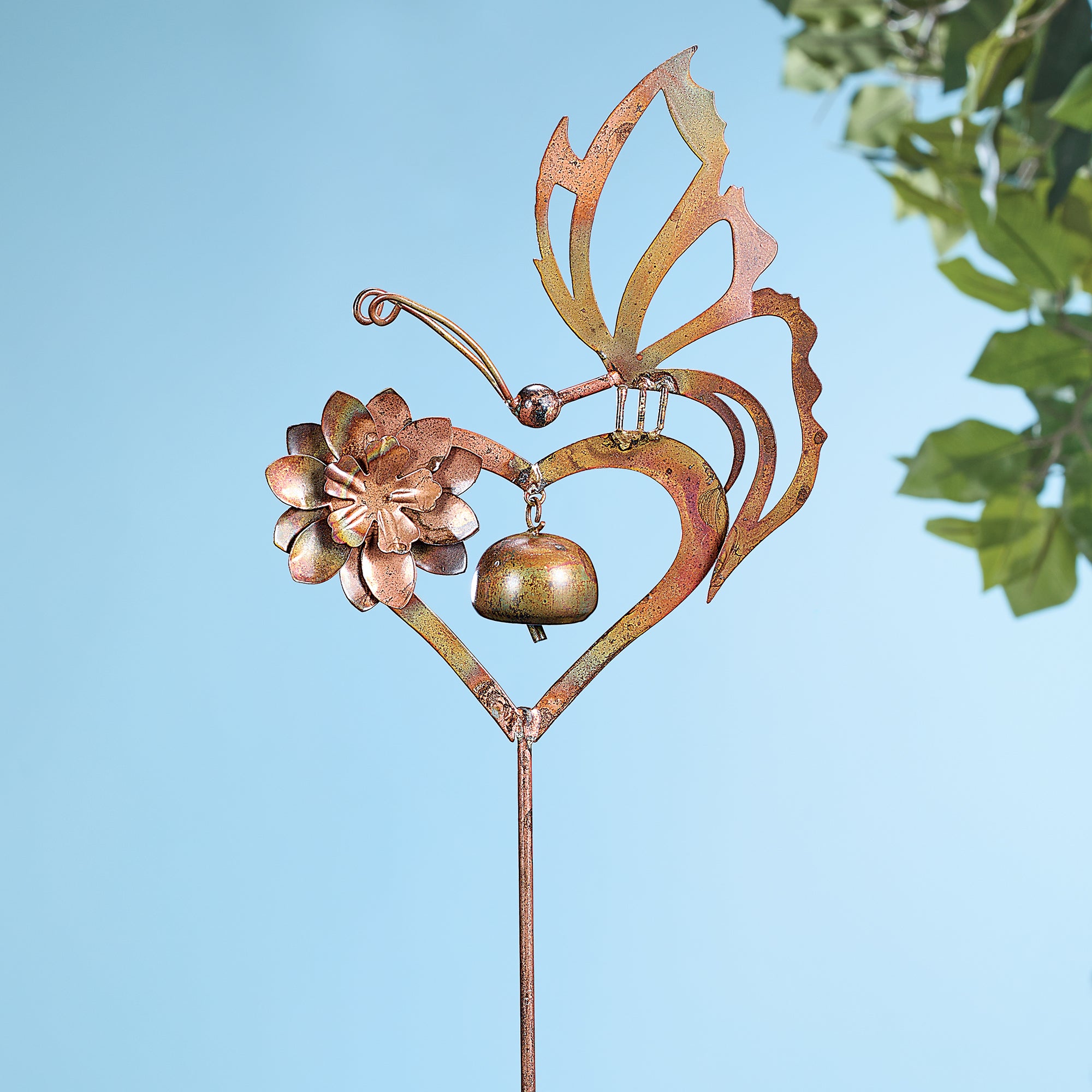 Hand-Cut Copper Butterfly on Heart Decorative Garden Stake