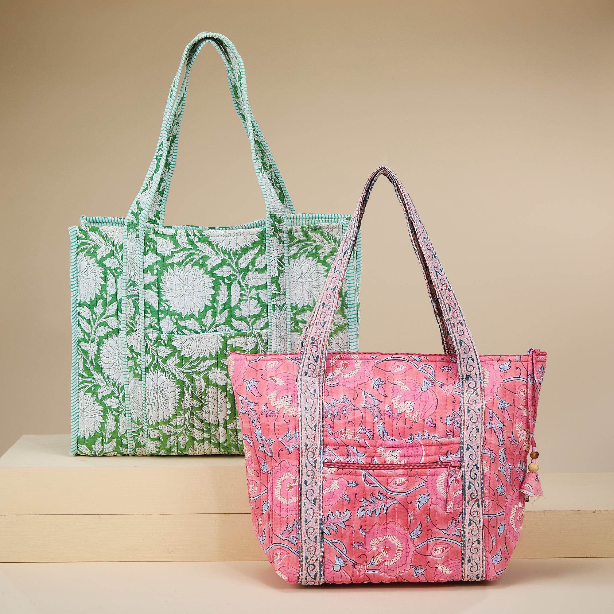 Blooming Garden Pink Peonies Quilted Tote