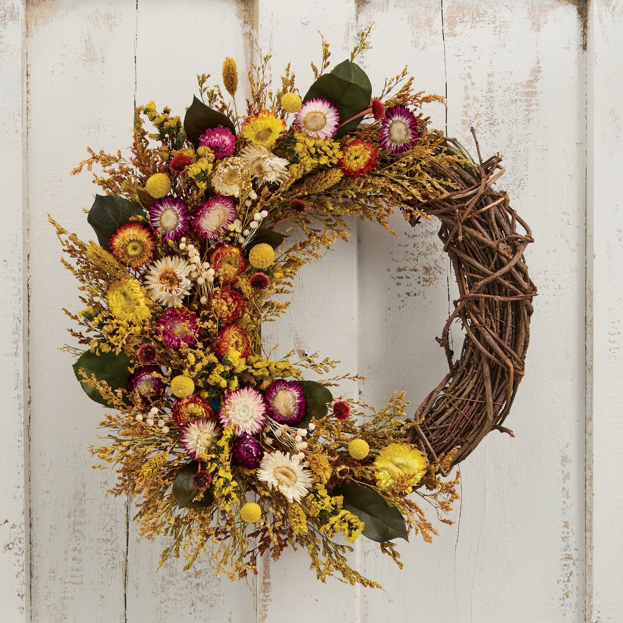 autumn wreathドライフラワーリース Strawflower Side Style Wreath | Uno Alla Volta