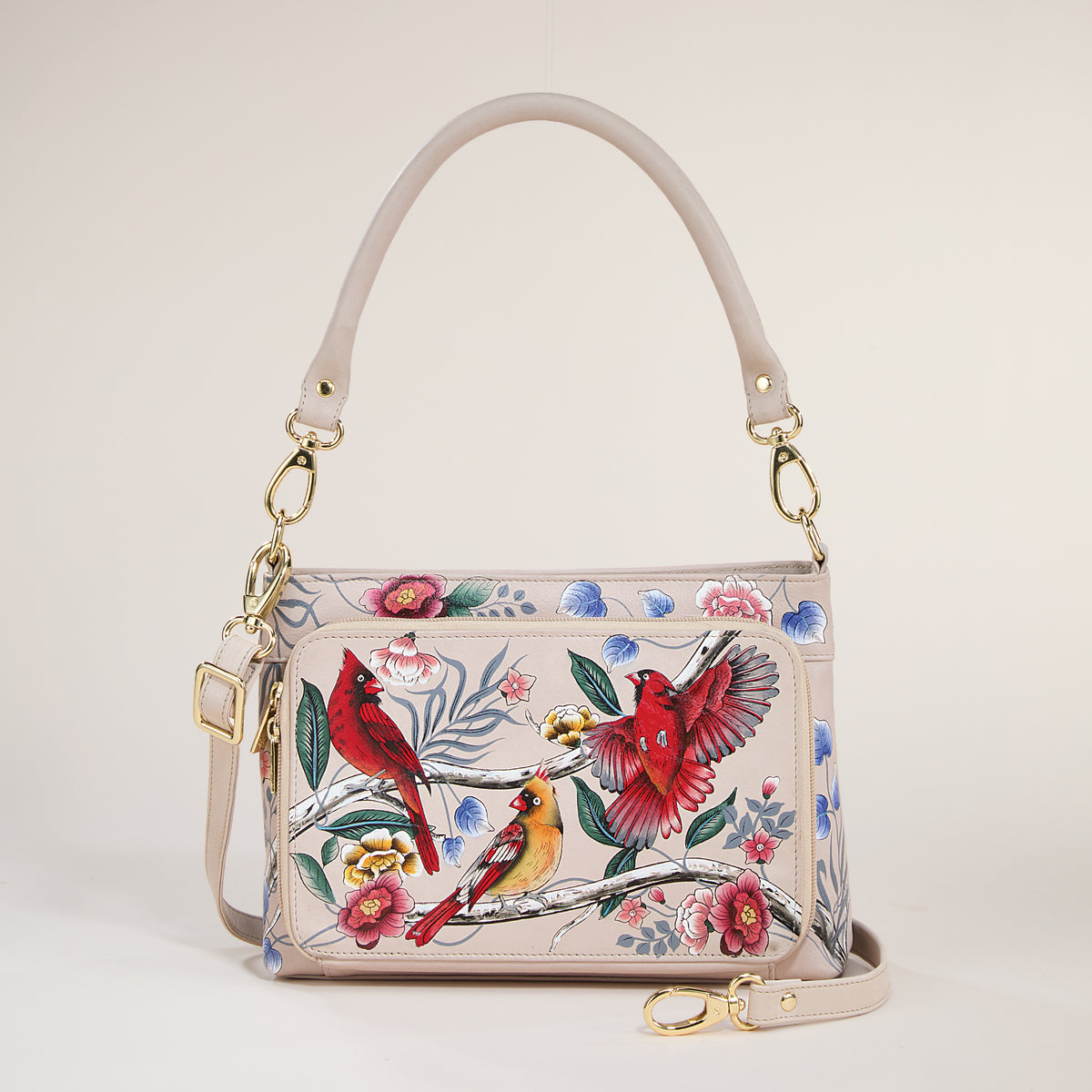 Hand-Painted Winged Warblers Leather Crossbody Bag