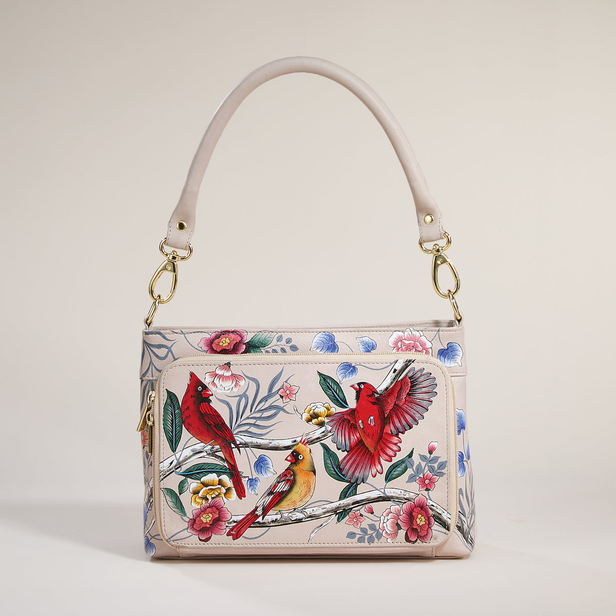 Hand-Painted Winged Warblers Leather Crossbody Bag
