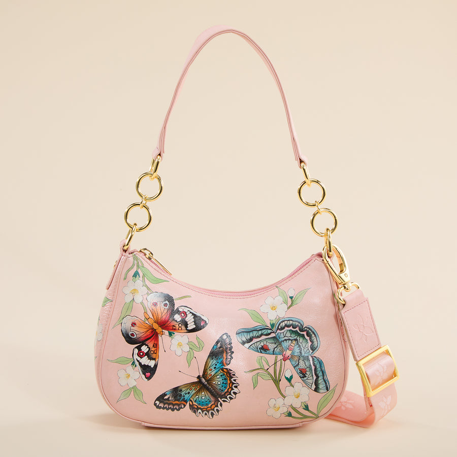 Hand-Painted Butterflies & Begonias Hobo Bag