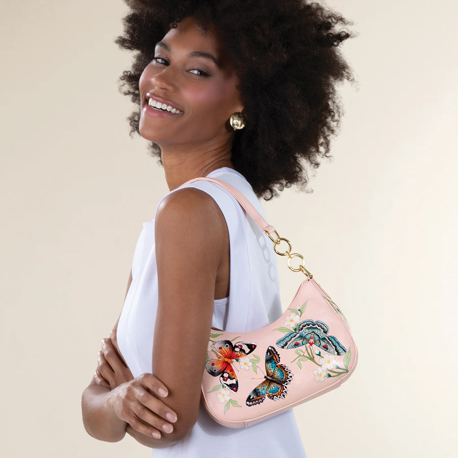 Hand-Painted Butterflies & Begonias Hobo Bag