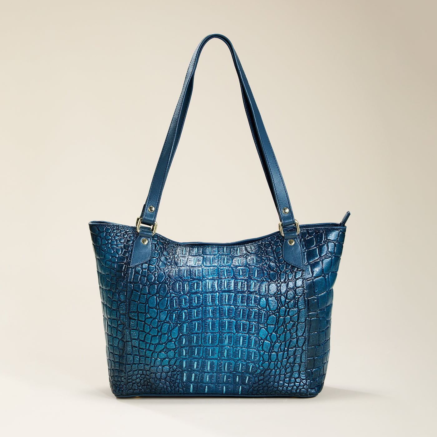 Hand-Painted Navy Croco Textured Leather Tote (Preorder)