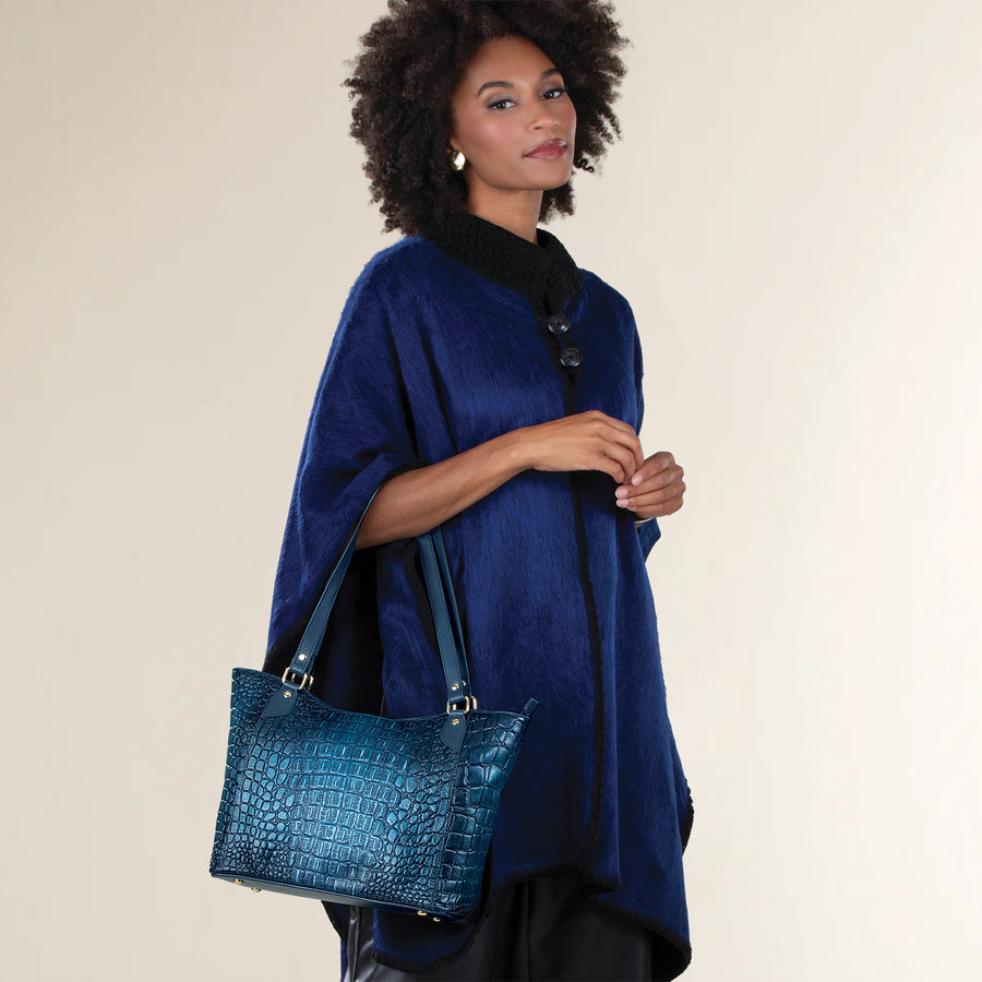 Hand-Painted Navy Croco Textured Leather Tote (Preorder)